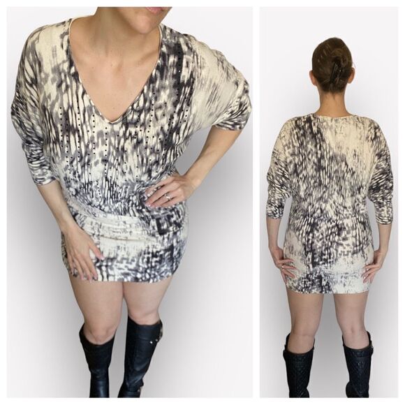 Calvin Klein Tunic Dress Dolman Sleeve Animal Print Beaded Large - Picture 1 of 13